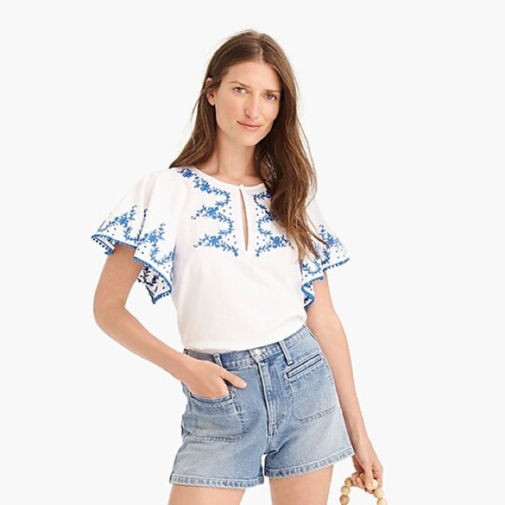 J. Crew Flutter-sleeve top with embroidered trim